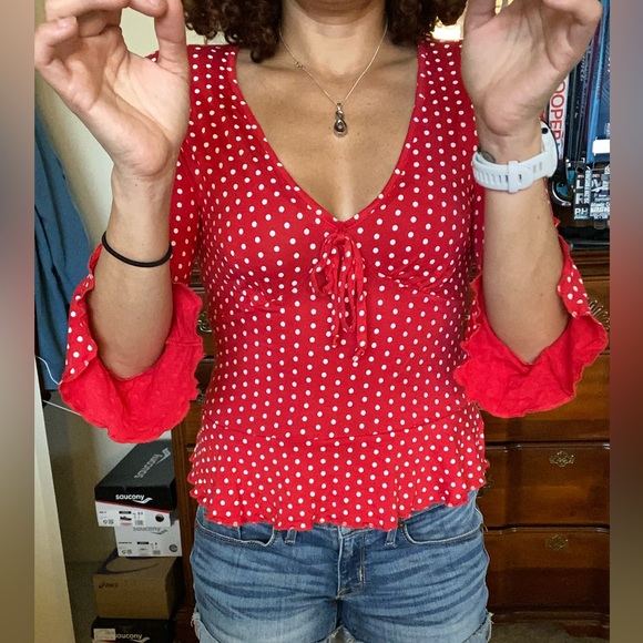 Almost famous deep, cut, polkadot, red butterfly, arm shirt - Picture 2 of 4